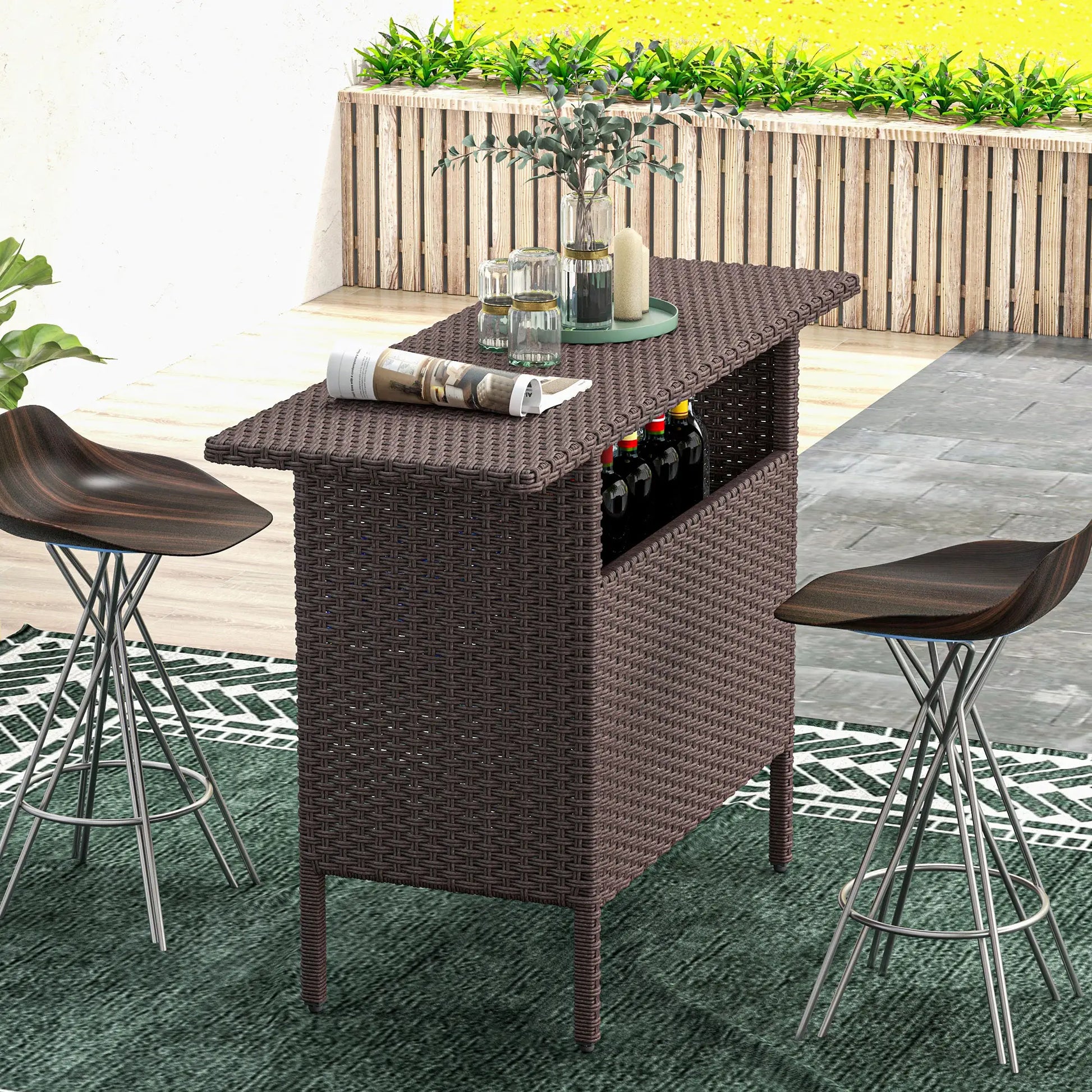 Outdoor Rattan Bar Table, 55.1" x 18.5" x 37", 2 Storage Shelves, Brown Bistro Sets at Gallery Canada