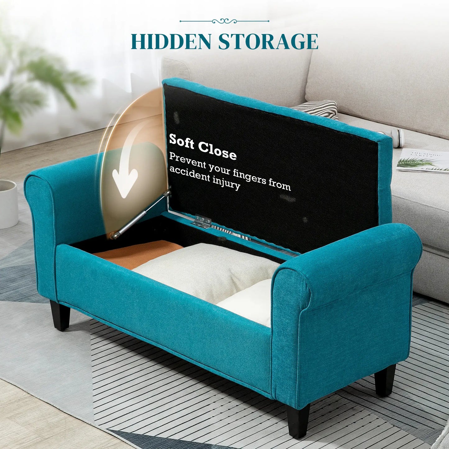 50 Inches Upholstered Storage Ottoman, Rolled Arms, Button Tufted, Teal Storage Ottomans & Benches at Gallery Canada