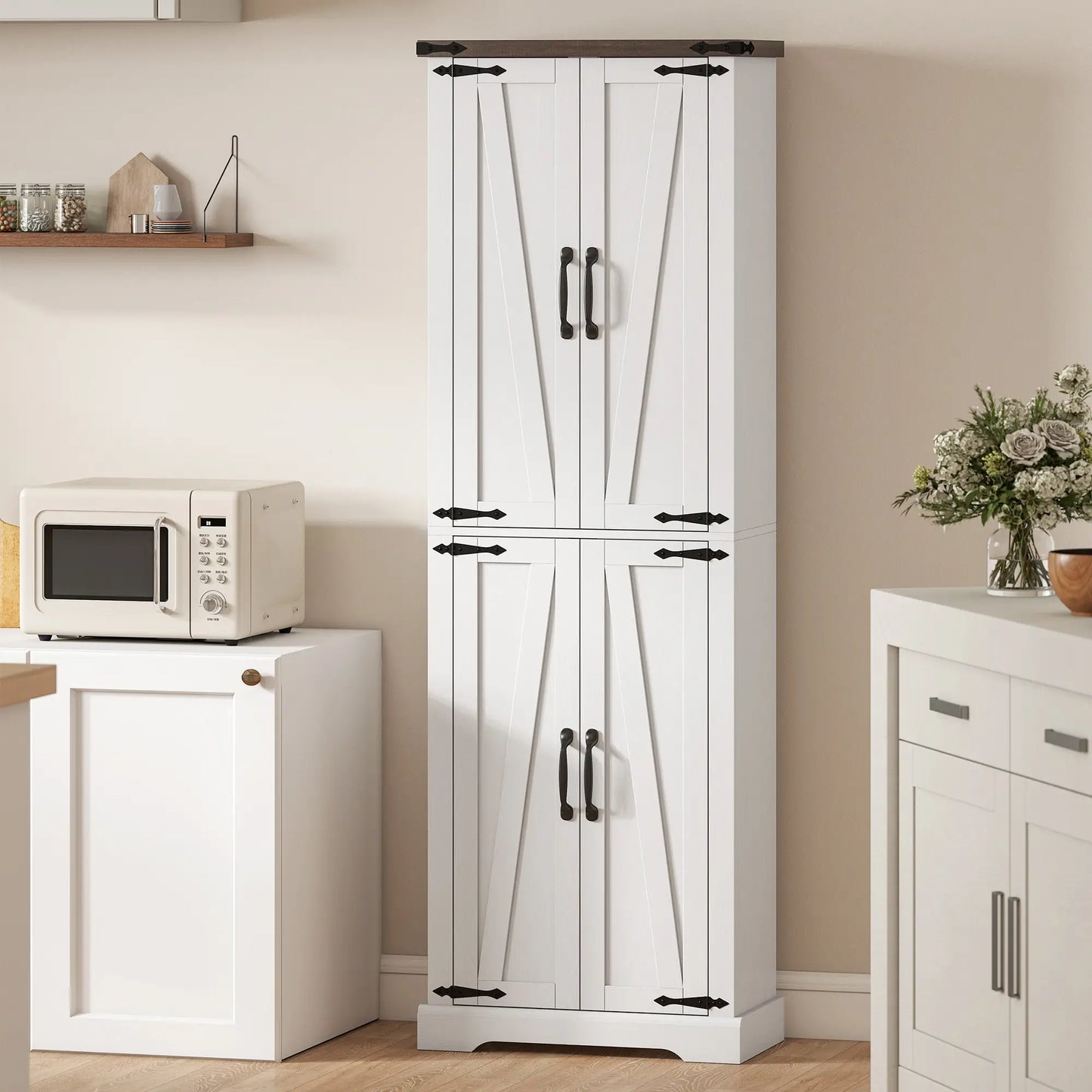 72" Pantry Cabinet, Farmhouse Kitchen Storage, Adjustable Shelves, White Kitchen Pantry Cabinets at Gallery Canada