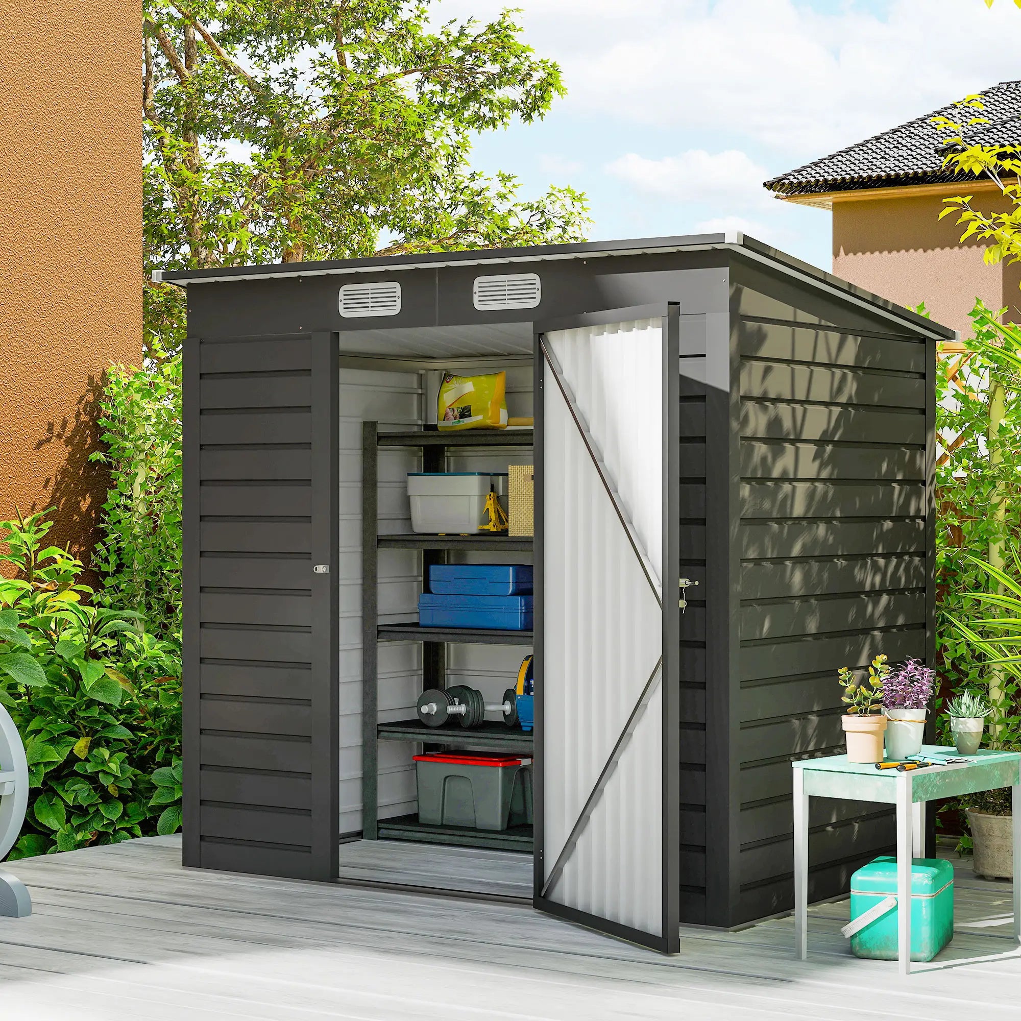 6 x 4FT Galvanized Metal Garden Shed, Double Doors, 2 Vents, Grey Sheds at Gallery Canada