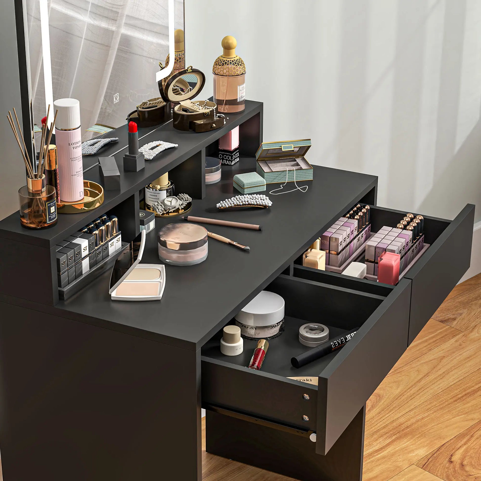 Makeup Vanity Desk with Mirror, LED Lights, Drawers, Black Dressing & Vanity Tables at Gallery Canada