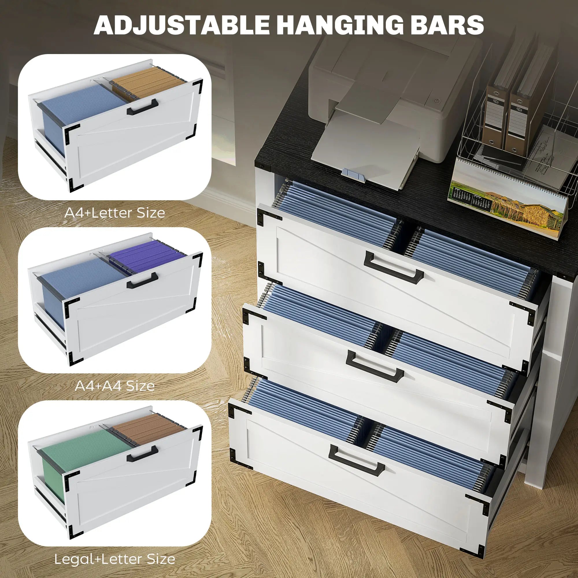 3 Drawer Filing Cabinet, Farmhouse Office Storage, Adjustable Hanging Bars, Letter, A4, Legal Size, White Office Cabinets & Cupboards at Gallery Canada