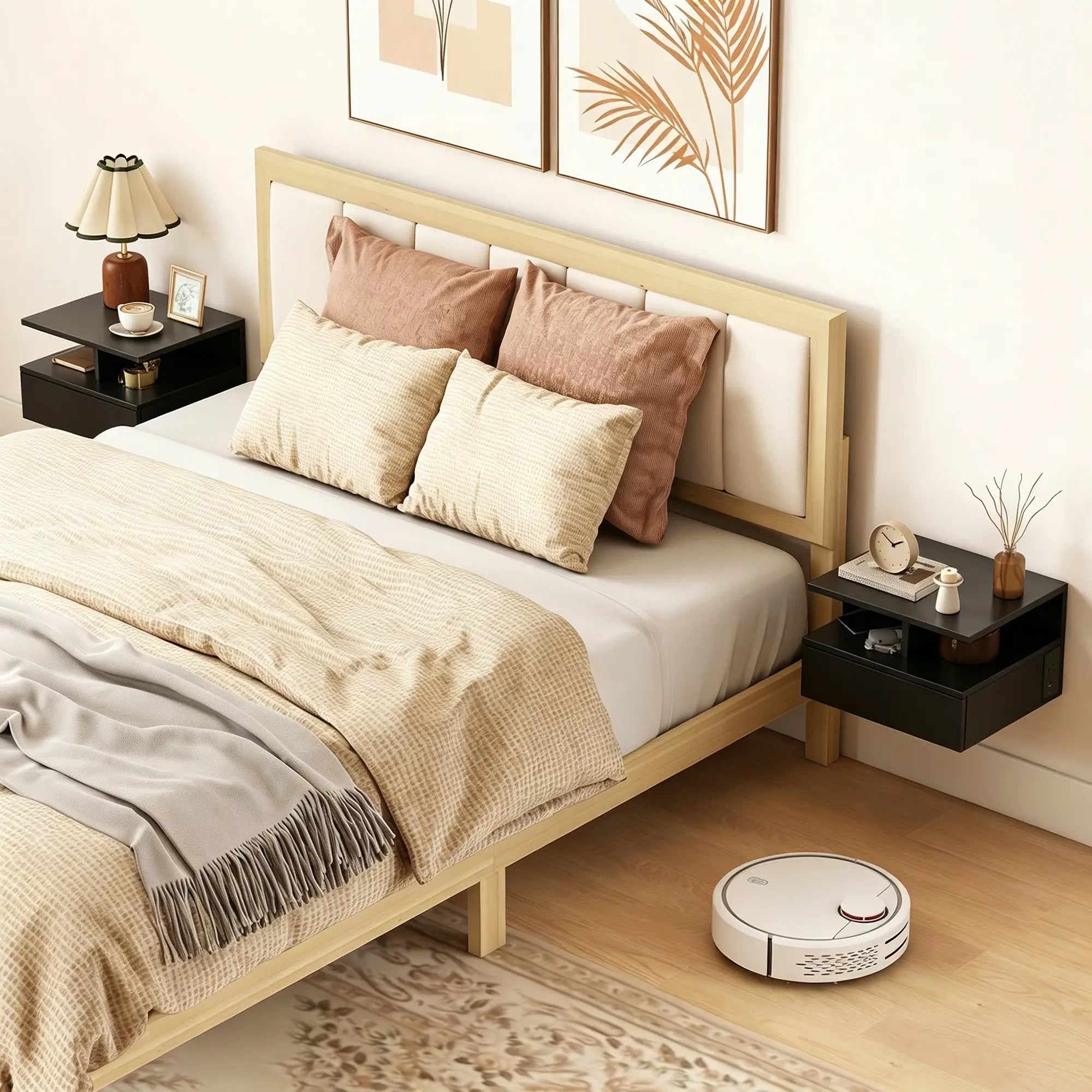 Floating Nightstand Set of 2, Wall Mounted Bedside Table with with Power Outlets, Drawer and Shelf, Black Bedside Tables at Gallery Canada