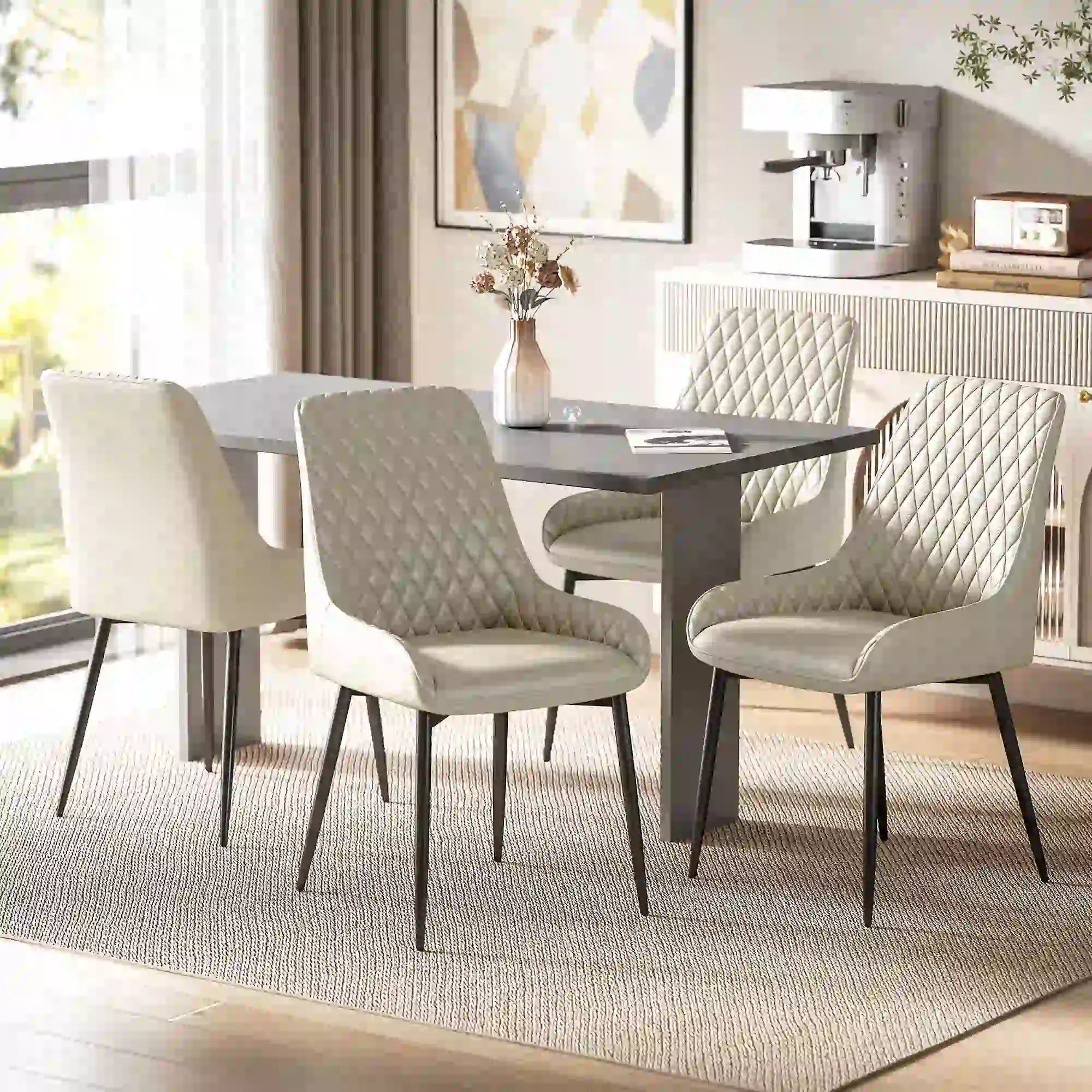 Upholstered Kitchen Chairs Set of 4, Diamond Tufting, Steel Legs, Khaki Dining Chairs at Gallery Canada