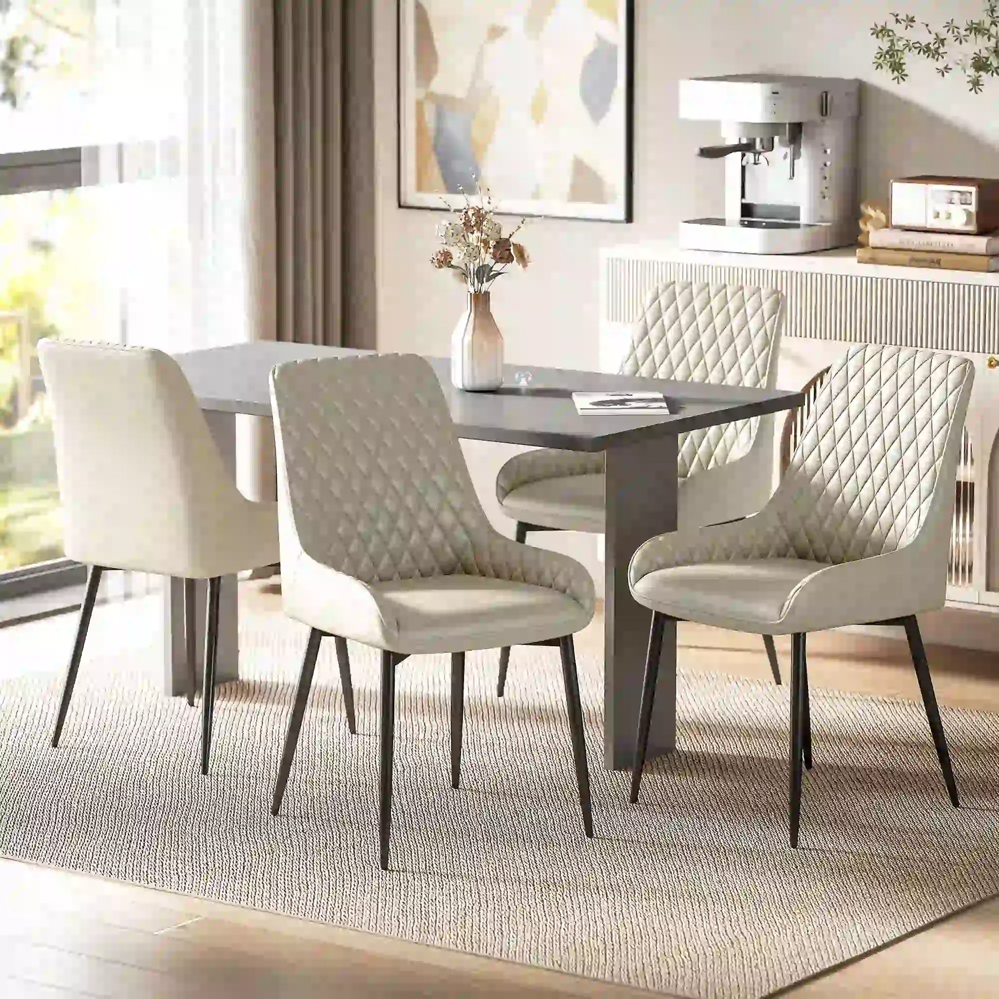 Upholstered Kitchen Chairs Set of 4, Diamond Tufting, Steel Legs, Khaki Dining Chairs at Gallery Canada