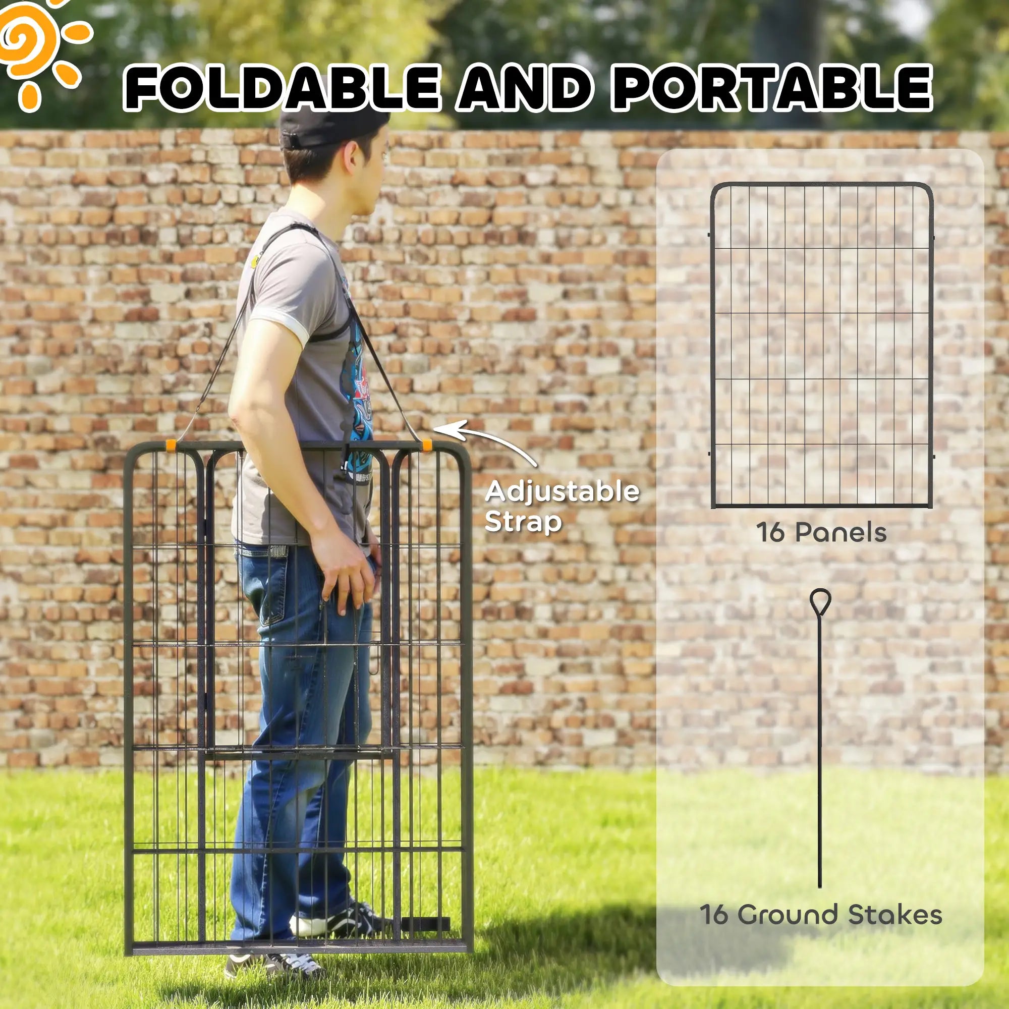 16 Panels Dog Playpen with Straps, Portable &; DIY, for Large Dogs, for Yard, RV, Camping, Garden, 39