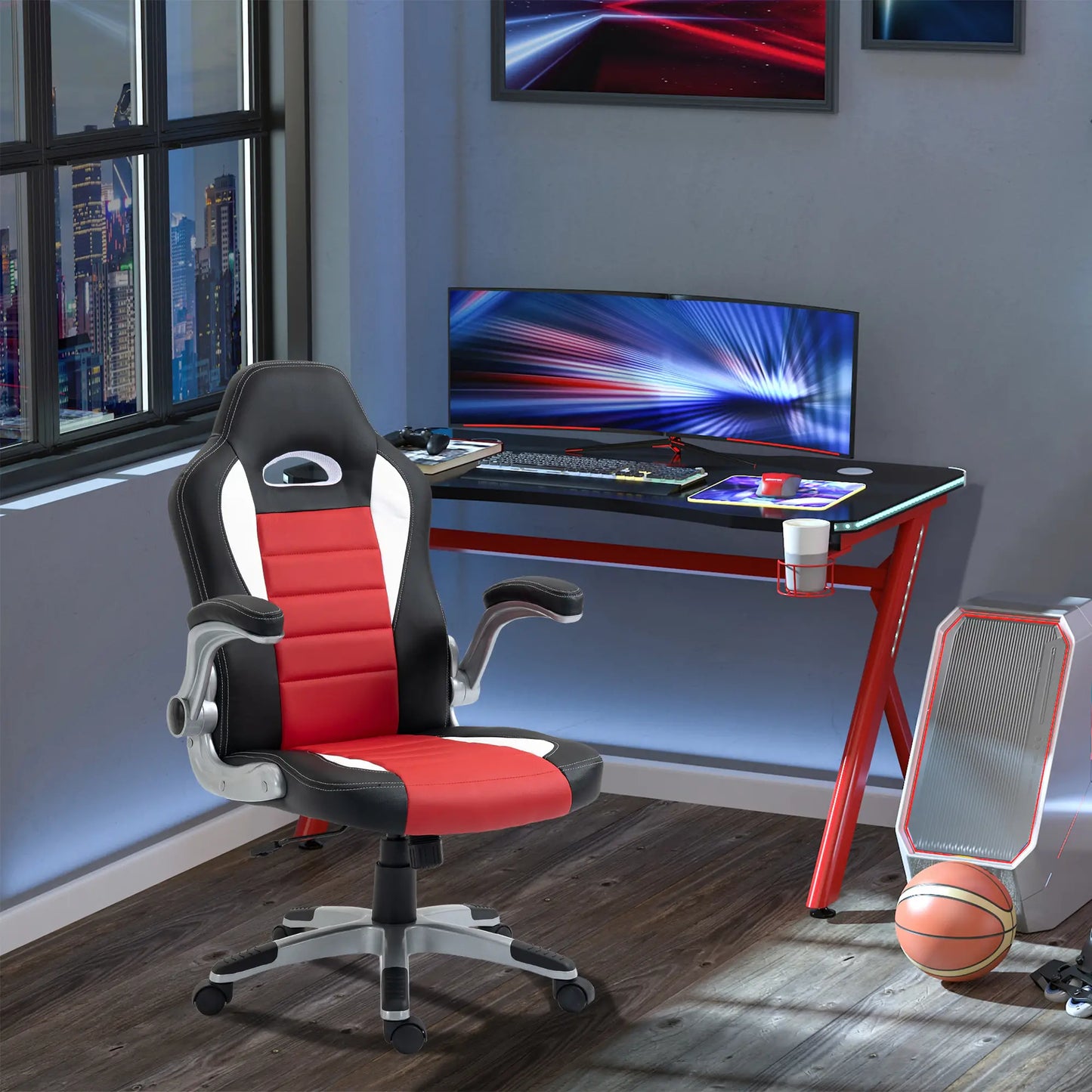 Racing Gaming Chair, PU Leather, Adjustable Height, Flip Up Armrest, Red Video Game Chairs at Gallery Canada