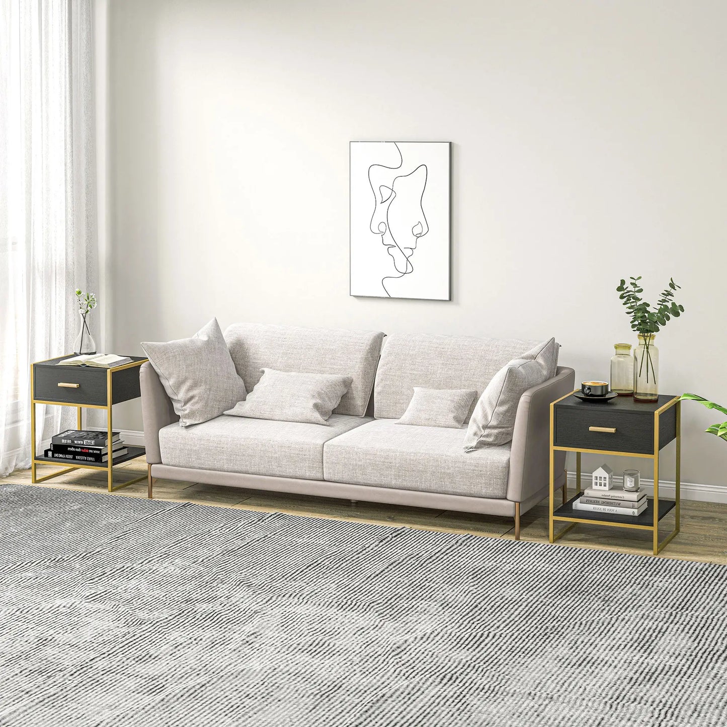 Modern Nightstand Set of 2, Small with Drawer, Shelf, Steel Frame, Black