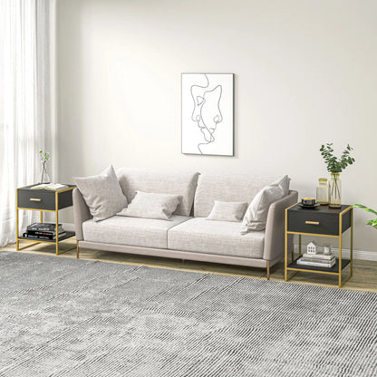 Modern Nightstand Set of 2, Small with Drawer, Shelf, Steel Frame, Black