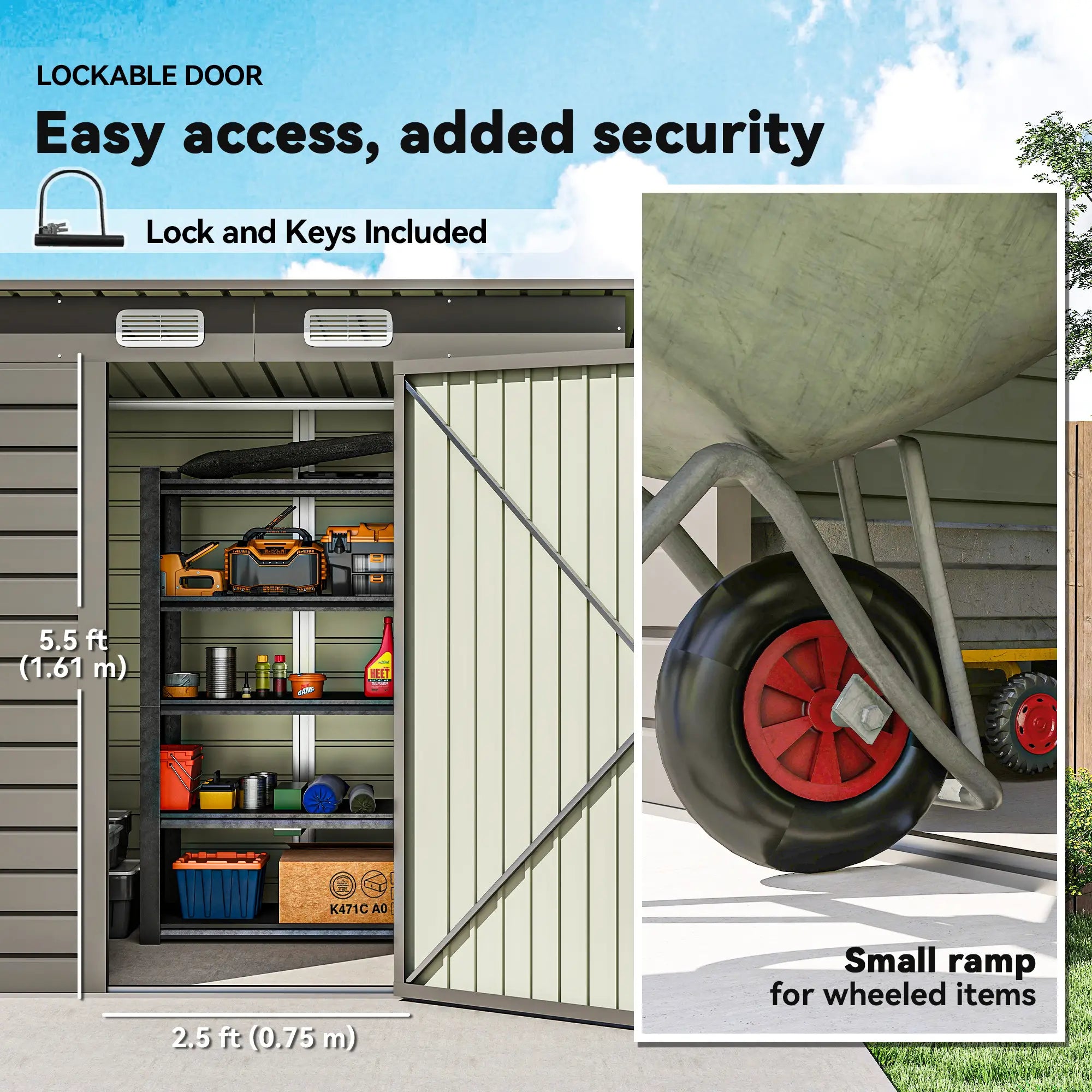 6 x 4FT Galvanized Metal Garden Shed, Double Doors, 2 Vents, Light Grey Sheds at Gallery Canada