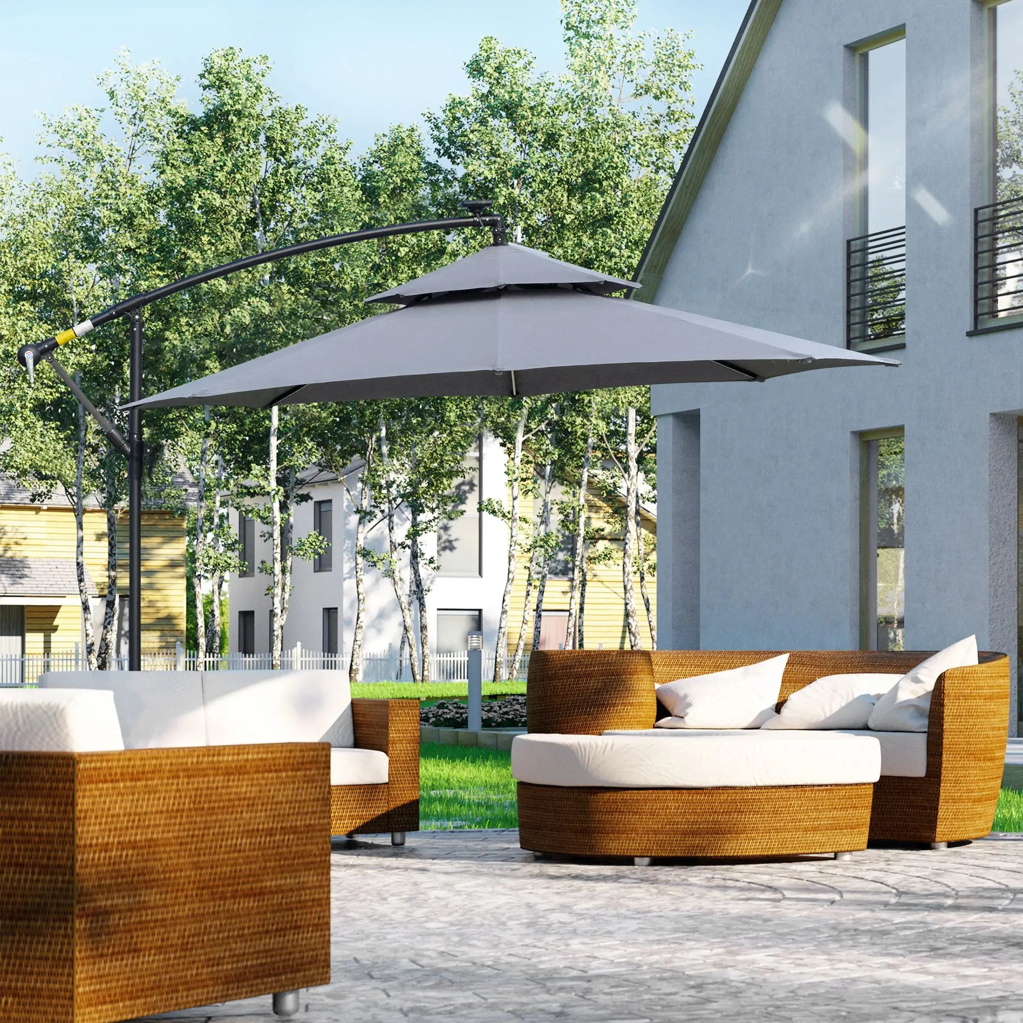 10FT Solar Powered Cantilever Patio Umbrella, Crank, Cross Base, Grey Cantilever Umbrellas at Gallery Canada
