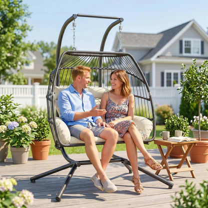 Double Wicker Egg Swing Chair, Foldable with Stand, UV Resistant Cushion, Cream White Patio Swings with Stand at Gallery Canada