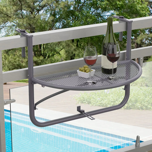 Adjustable Balcony Hanging Table, Metal Wall Desk, Outdoor Flower Stand, Half Round, Grey