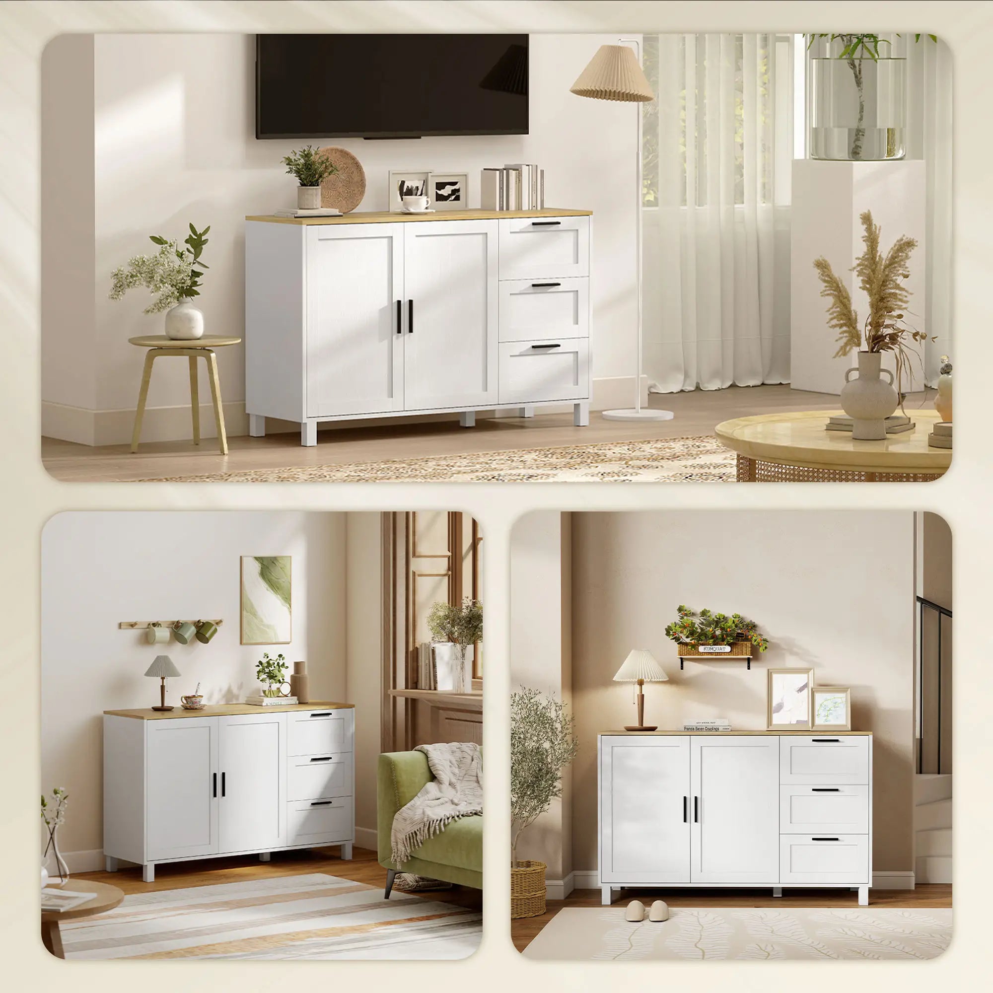 Buffet Cabinet with Soft Close Doors, Modern Sideboard with 3 Drawers, White Bar Cabinets at Gallery Canada