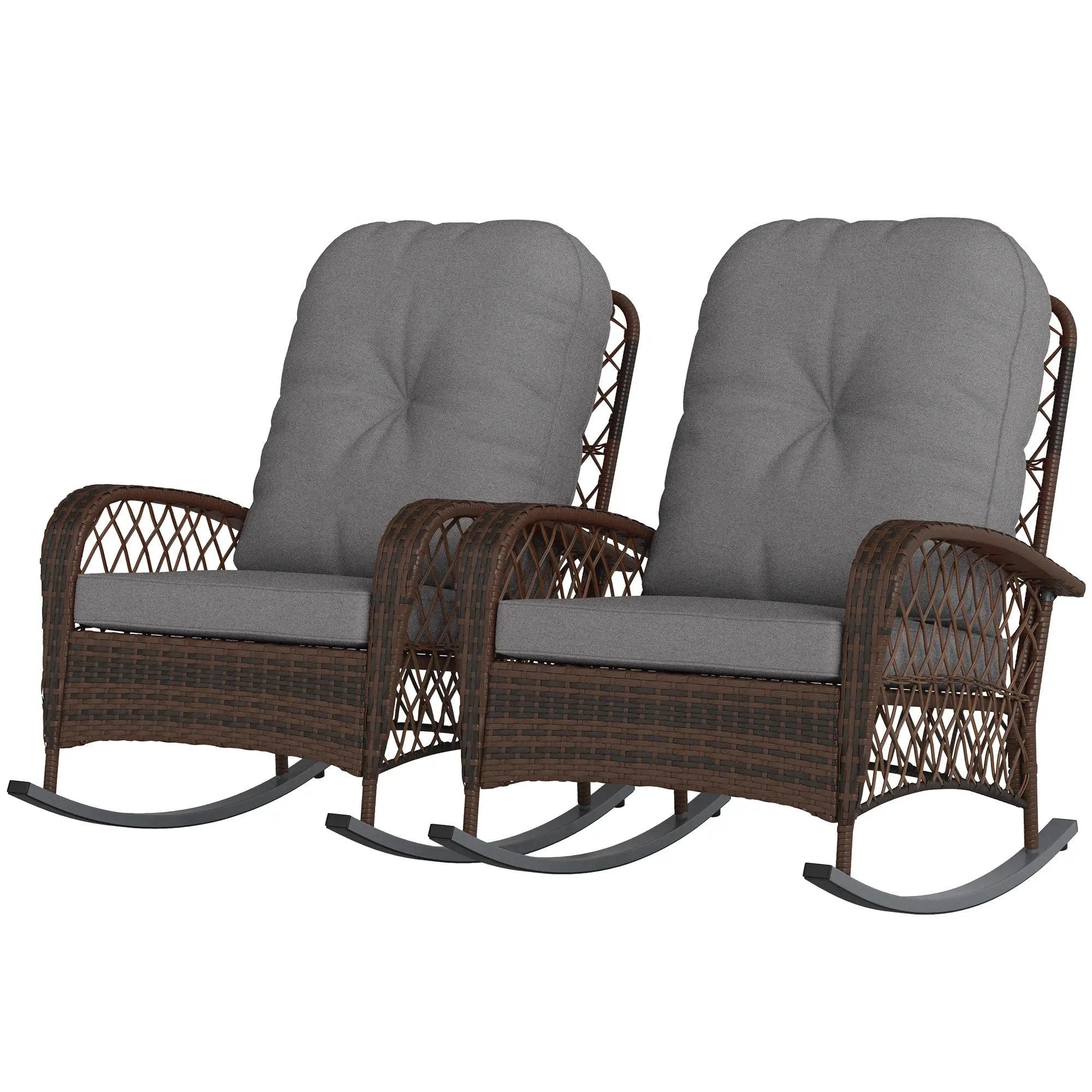 Outdoor Wicker Rattan Rocking Chair Set of 2, Patio Rocker with Cushions, Grey Outdoor Rocking Chairs Mixed Brown Rattan, Grey Cushion at Gallery Canada