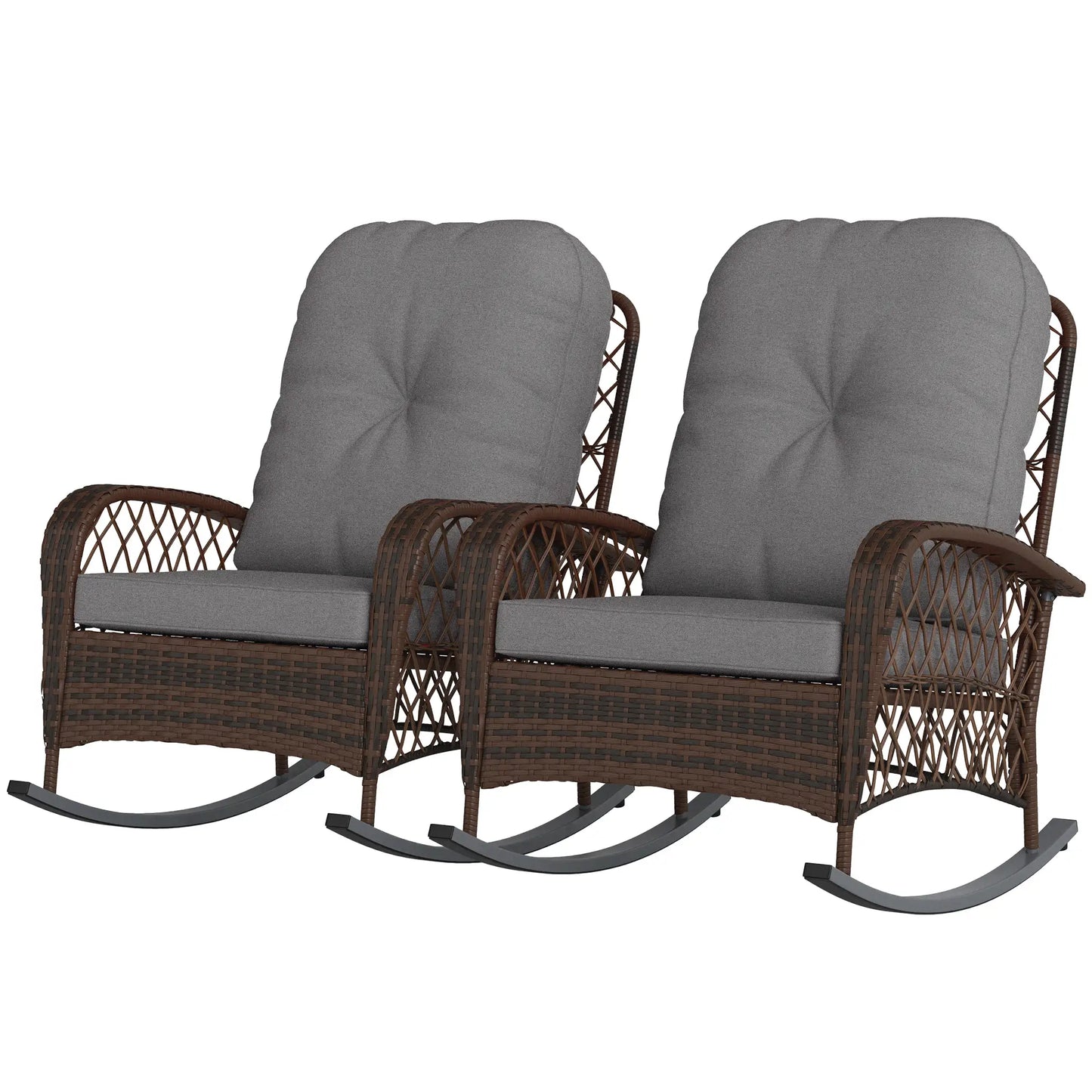 Outdoor Wicker Rattan Rocking Chair Set of 2, Patio Rocker with Cushions, Grey Outdoor Rocking Chairs Mixed Brown Rattan, Grey Cushion at Gallery Canada