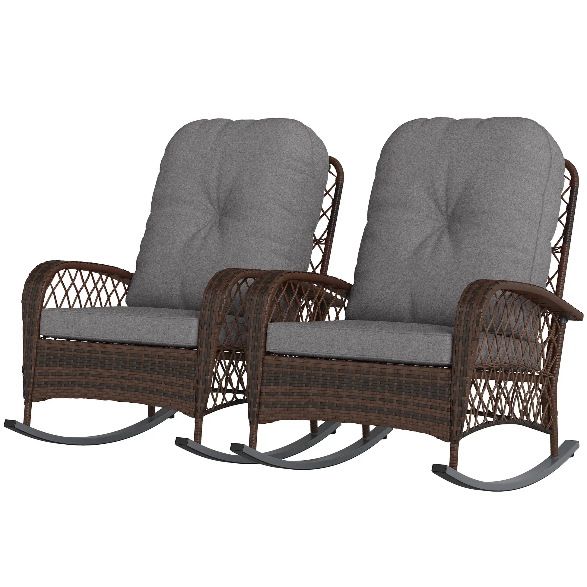 Outdoor Wicker Rattan Rocking Chair Set of 2, Patio Rocker with Cushions, Grey Outdoor Rocking Chairs Mixed Brown Rattan, Grey Cushion at Gallery Canada