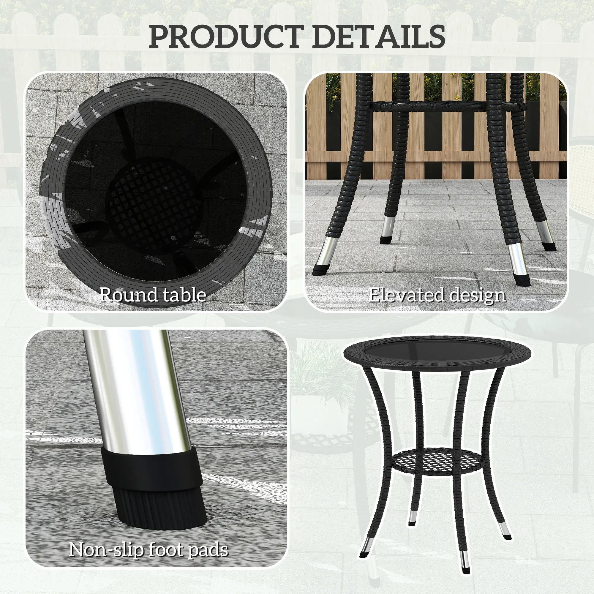 Outdoor Rattan Dining Table, Round Coffee Table with 2-Tier Shelf, Black Patio Dinning Tables at Gallery Canada