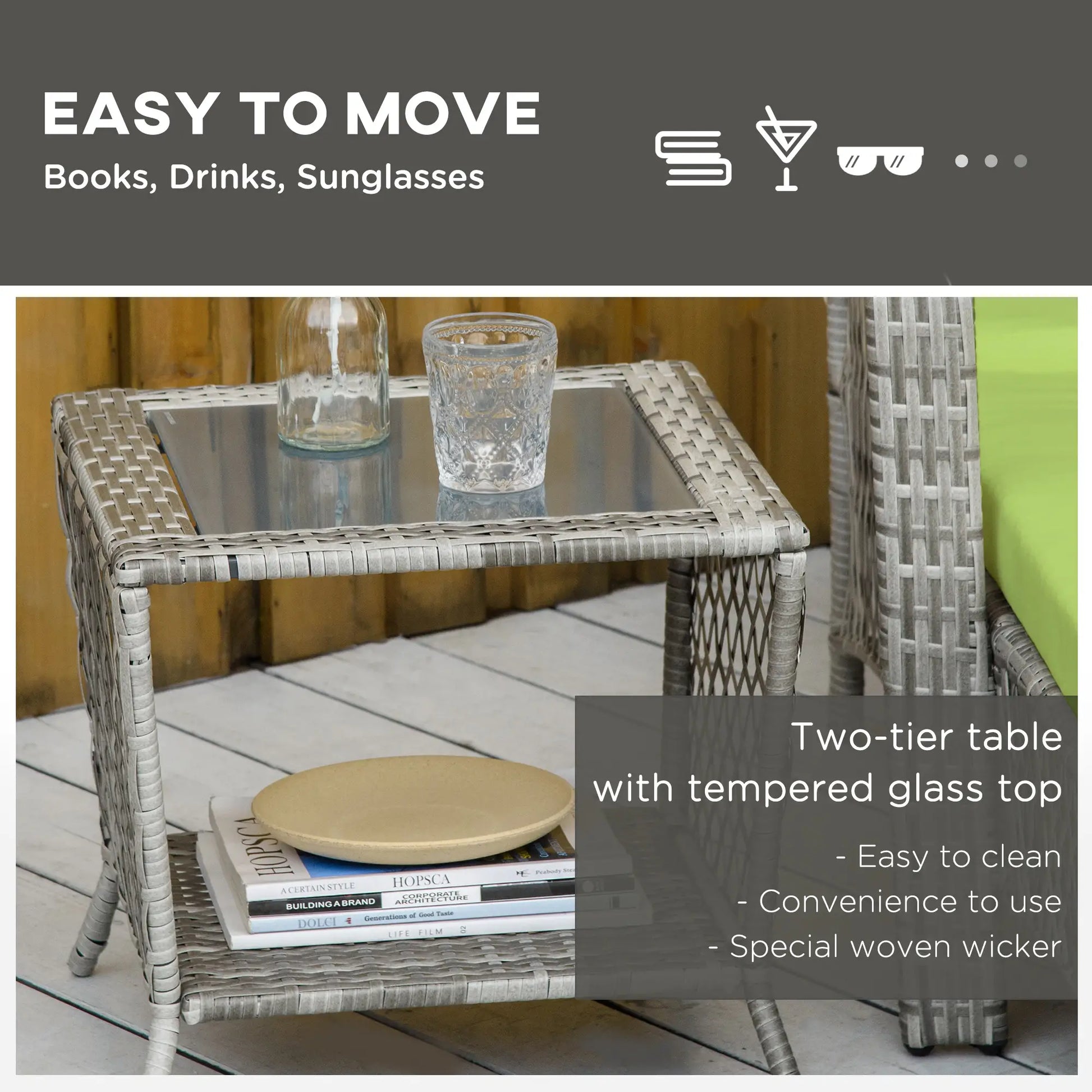 2-Piece Wicker Patio Lounge Set with Cushions, Reclining Chaise Chair, Glass Top Coffee Table, Green Chaise Loungers at Gallery Canada