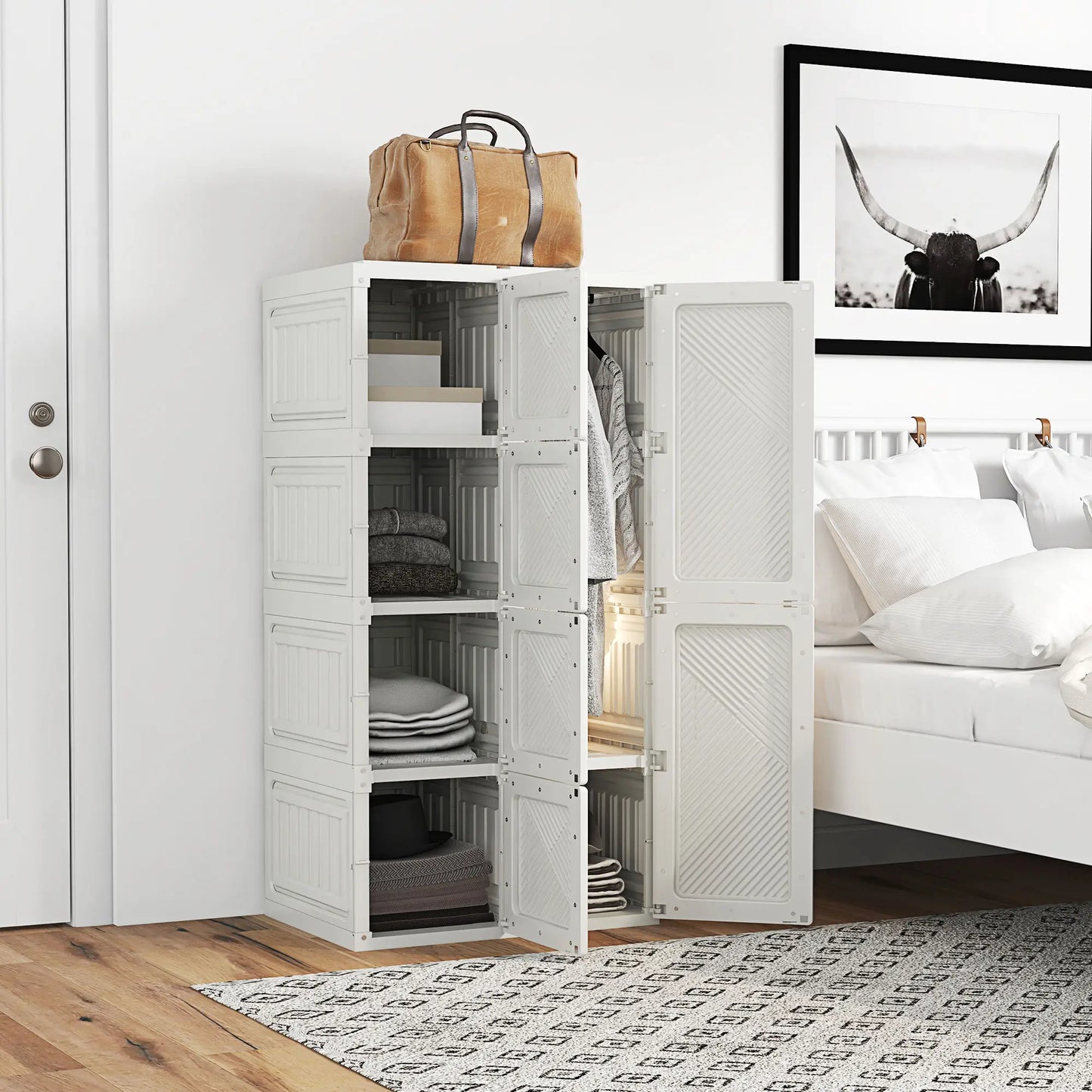 Portable Wardrobe, Foldable Clothes Organizer, 5 Compartments, Hanging Rod, White Clothing Storage at Gallery Canada