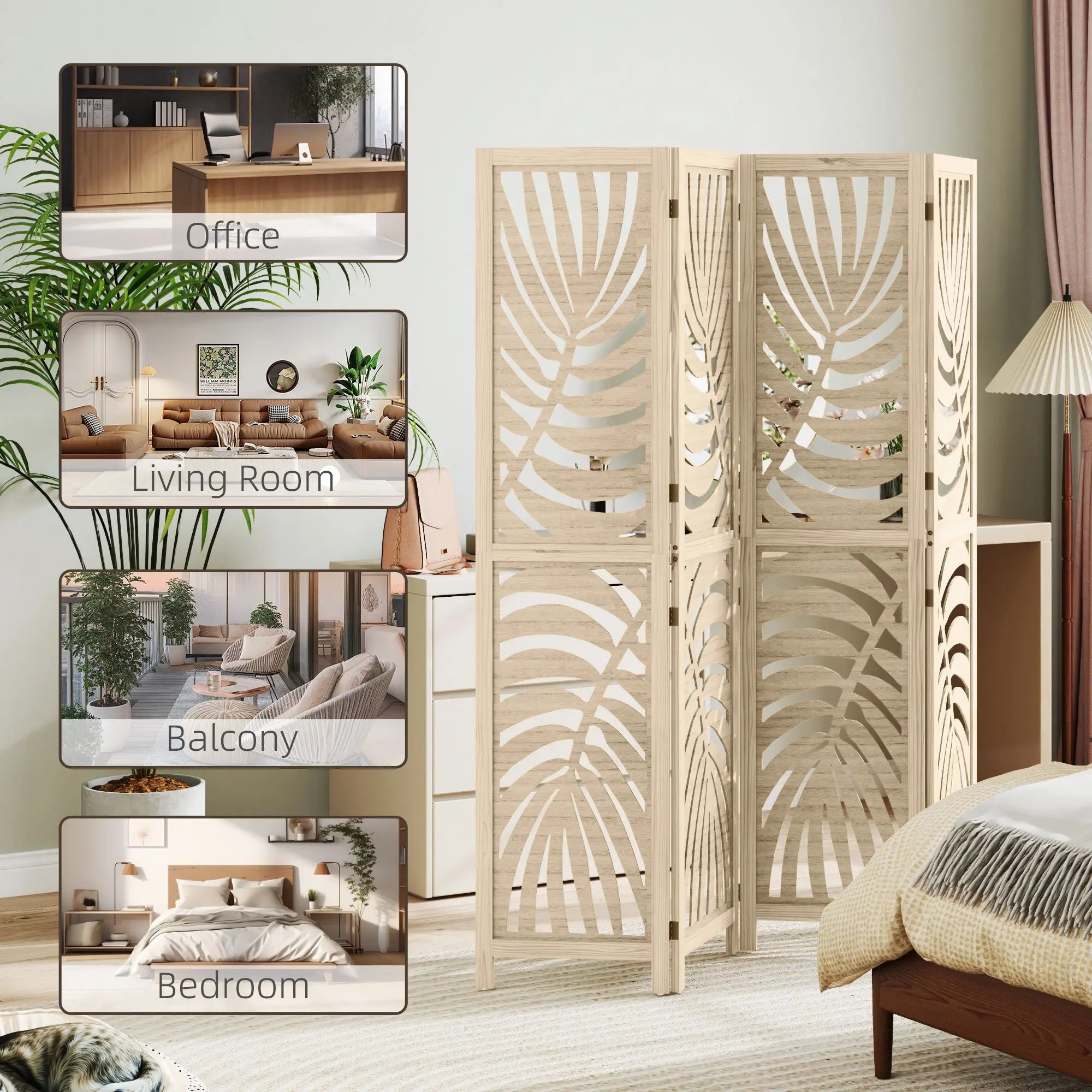 4 Panel Room Divider, Detachable Folding Privacy Screen, Palm Leaf Design, Natural Wood Finish Room Dividers at Gallery Canada