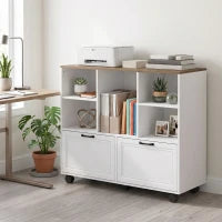 2 Drawer Mobile Filing Cabinet with Wheels, Walnut and White, Walnut and White Office Cabinets & Cupboards Multi Colour at Gallery Canada