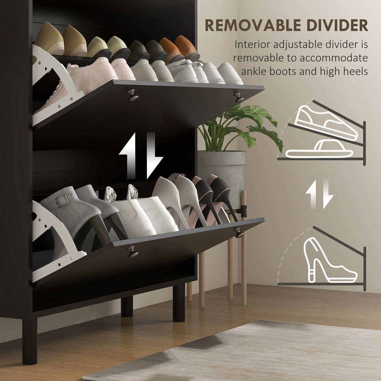 Shoe Storage, 3 Flip Drawers, Adjustable Shelves, 24 Pairs, Black