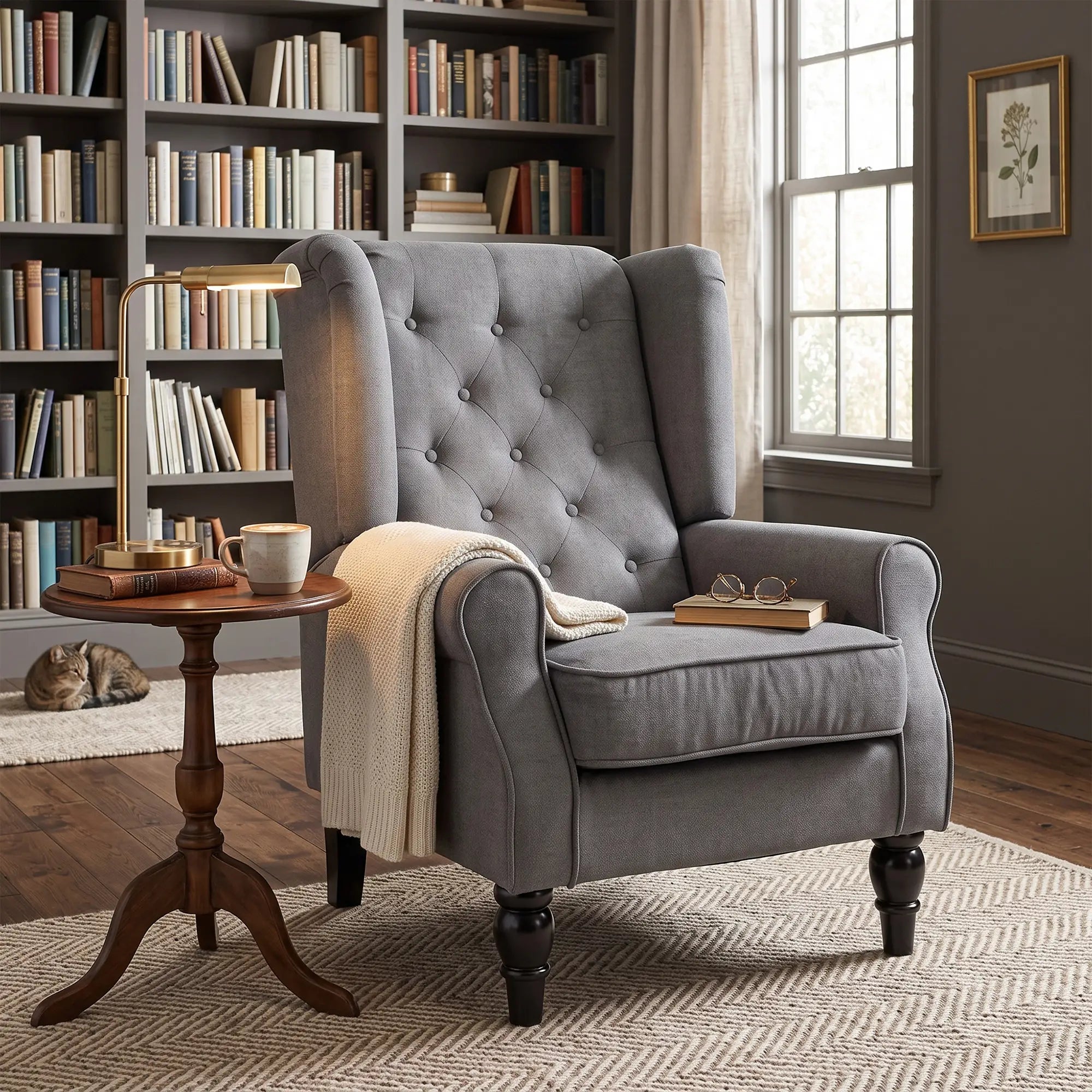 Fabric Accent Chair, Button Tufted, Wood Legs, Thick Padding, Charcoal Grey Accent Chairs at Gallery Canada