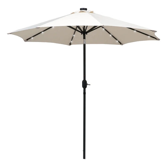 8.8ft Solar Patio Umbrella, 24 LED Lights, Tilt Canopy, Cream Sun Umbrellas Cream White cloth, dark grey robs at Gallery Canada
