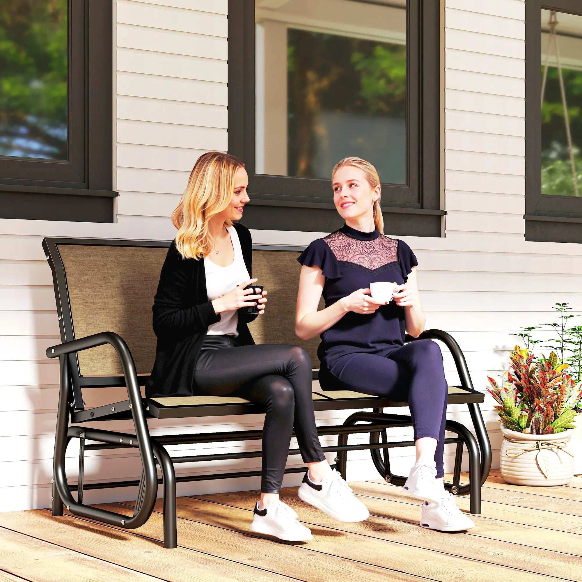 Outdoor Steel Glider Bench, Sling Fabric Swing Chair, Brown Outdoor Gliders at Gallery Canada