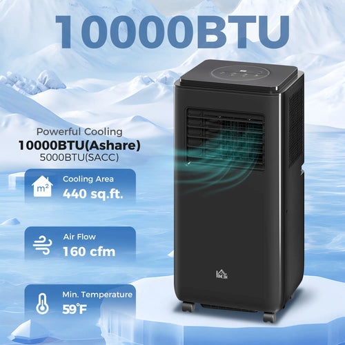 10,000 BTU Mobile Air Conditioner, 440 Sq. Ft., Dehumidifier, Fan, Black
