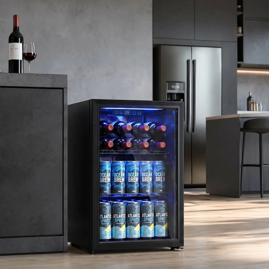 2.4 Cu.Ft Beverage Refrigerator, 70 Can Beverage Fridge Cooler with Double-Layer Glass Door Small Kitchen Appliances Black at Gallery Canada