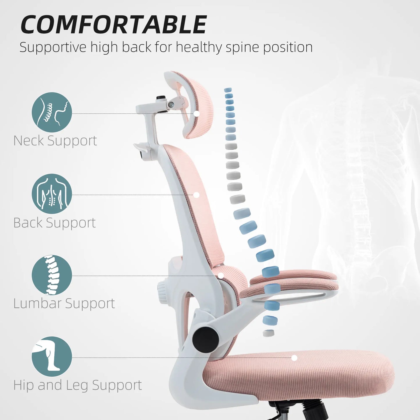 Mesh Office Chair, Ergonomic Desk Chair, Flip-up Armrest, Rotatable Headrest, Adjustable Lumbar Support, Pink Office Chairs at Gallery Canada