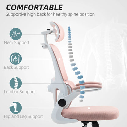 Mesh Office Chair, Ergonomic Desk Chair, Flip-up Armrest, Rotatable Headrest, Adjustable Lumbar Support, Pink Office Chairs at Gallery Canada