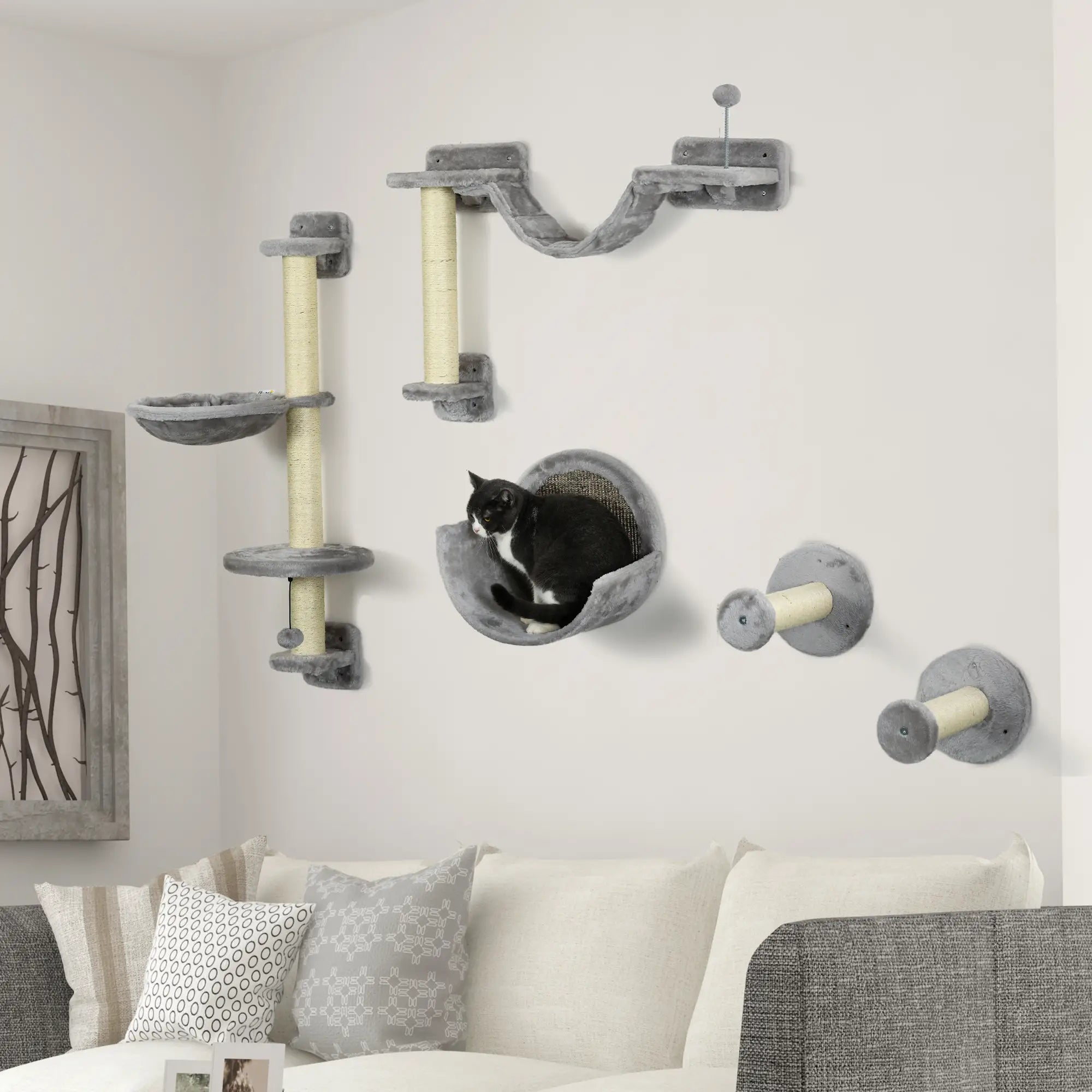 5PCs Cat Wall Shelves, Hammock, Scratching Posts, Perches, Ladder, Light Grey Cat Climbing Wall at Gallery Canada