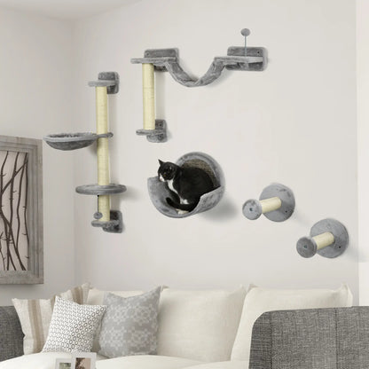 5PCs Cat Wall Shelves, Hammock, Scratching Posts, Perches, Ladder, Light Grey Cat Climbing Wall at Gallery Canada