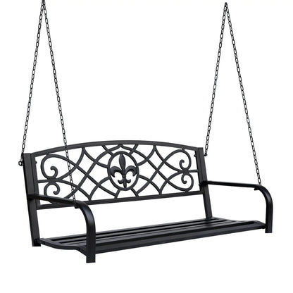 50"L Steel Porch Swing, Fleur-De-Lis Patio Chair, 2-Person Hanging Bench, Black Hanging Porch Swings at Gallery Canada