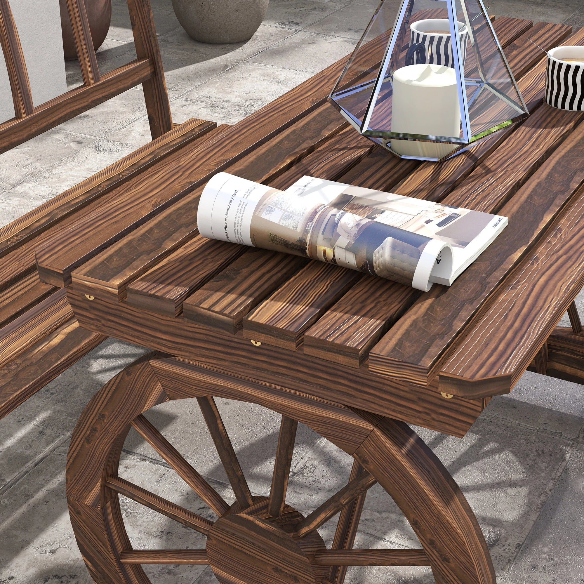 Wooden Patio Table and Chairs, 3-Piece, Carriage Wheels, Carbonized Bistro Sets at Gallery Canada