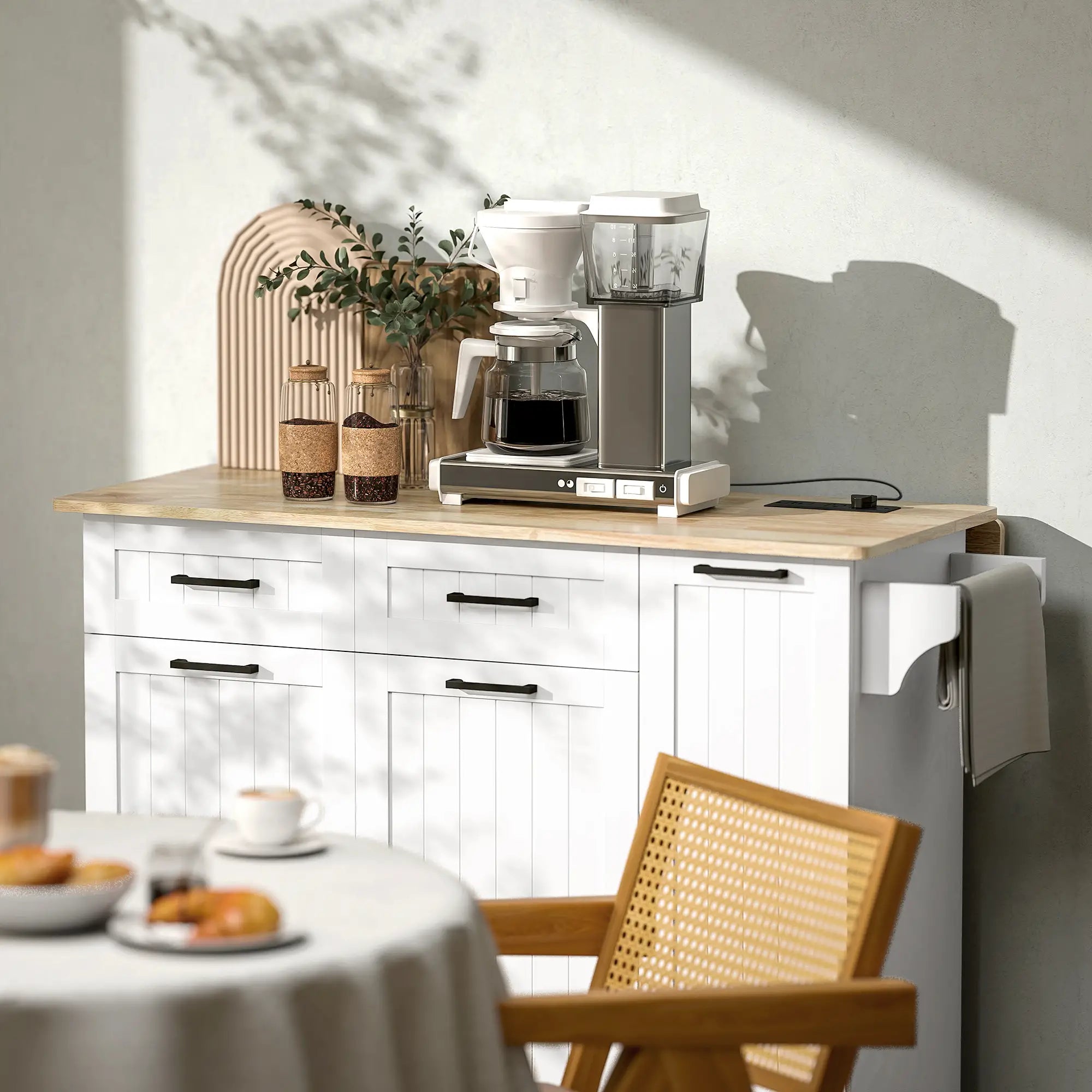 Kitchen Island on Wheels, Wood Drop Leaf, Charging Station, Adjustable Shelf, White Kitchen Islands & Kitchen Carts at Gallery Canada