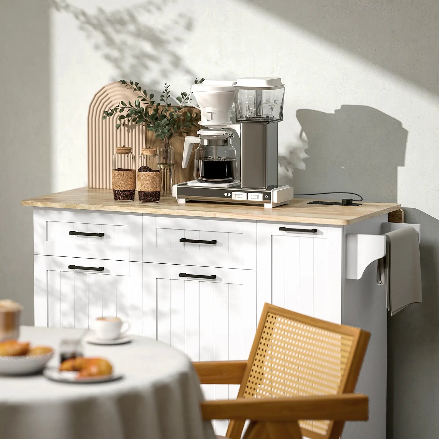 Kitchen Island on Wheels, Wood Drop Leaf, Charging Station, Adjustable Shelf, White Kitchen Islands & Kitchen Carts at Gallery Canada