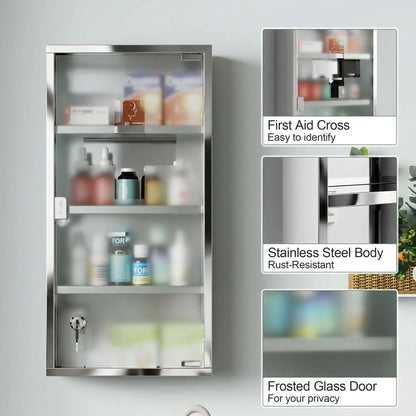 Wall Mount Medicine Cabinet, 4 Tier Shelves, Stainless Steel Frame, Glass Door, Lockable, 12" x 23.5", Silver Mirror Medicine Cabinets at Gallery Canada