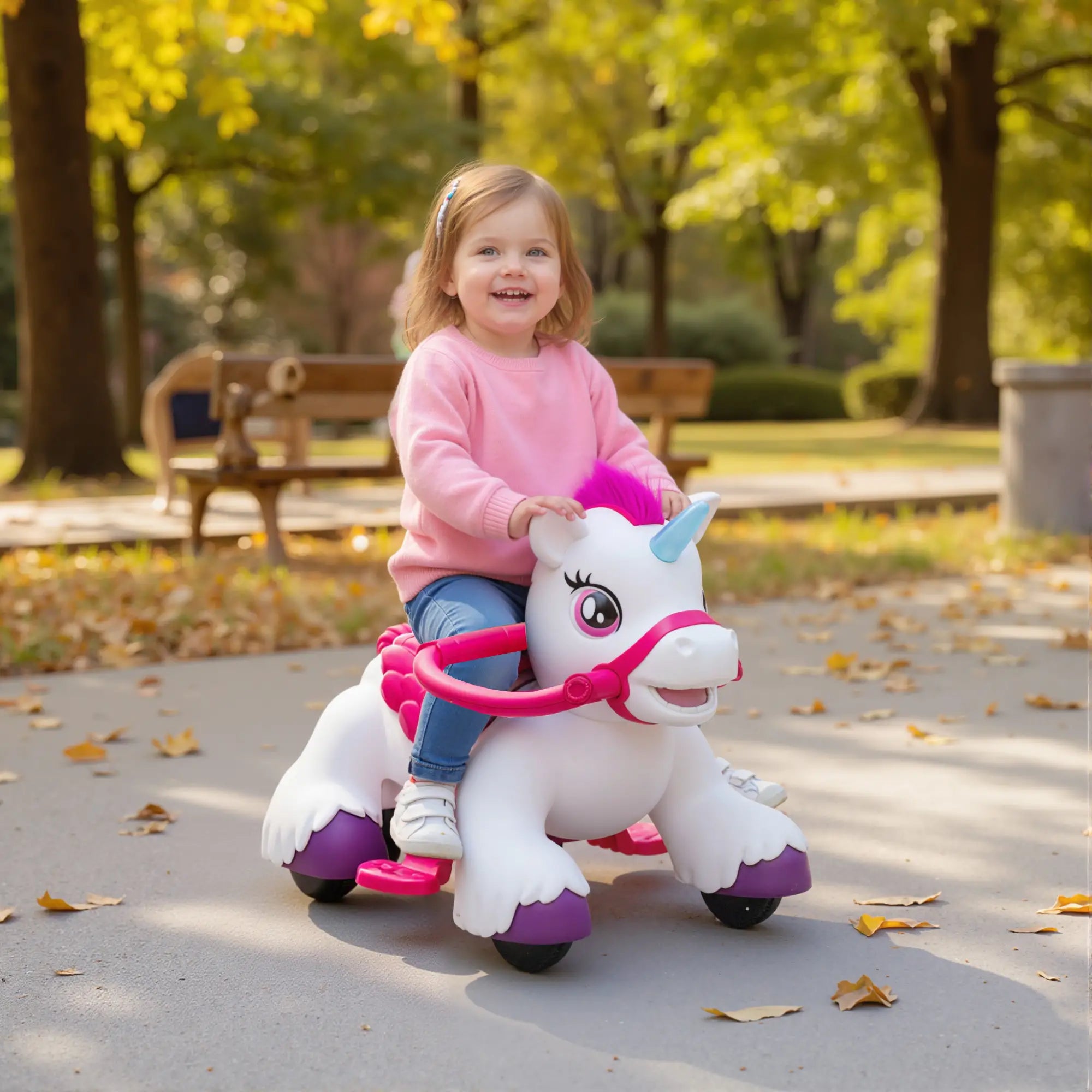 12V Unicorn Ride on Toy, Battery Powered, Carrot Toy, Comb, Animal Sounds Rocking Horses at Gallery Canada