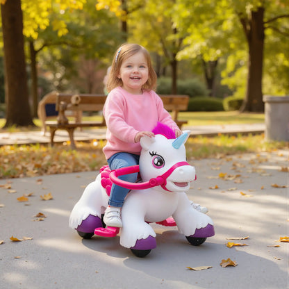 12V Unicorn Ride on Toy, Battery Powered, Carrot Toy, Comb, Animal Sounds Rocking Horses at Gallery Canada