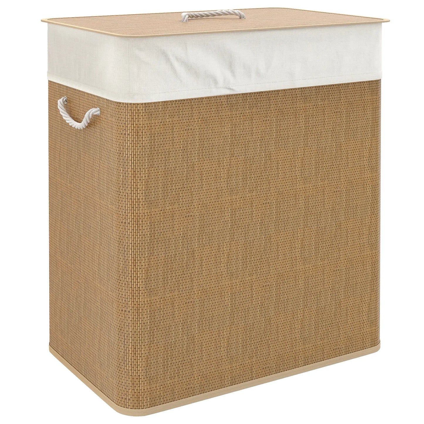 Double Laundry Basket with Lid, 100L Bamboo Hamper, Removable Bags, Brown Clothing Storage Brown, Cream White at Gallery Canada