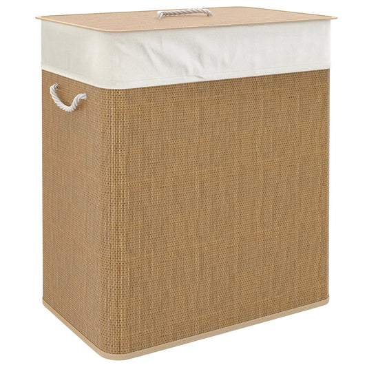 Double Laundry Basket with Lid, 100L Bamboo Hamper, Removable Bags, Brown Clothing Storage Brown, Cream White at Gallery Canada