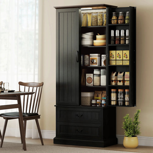 72 Inch LED Kitchen Pantry Cabinet, 10 Shelves, 2 Drawers, Black