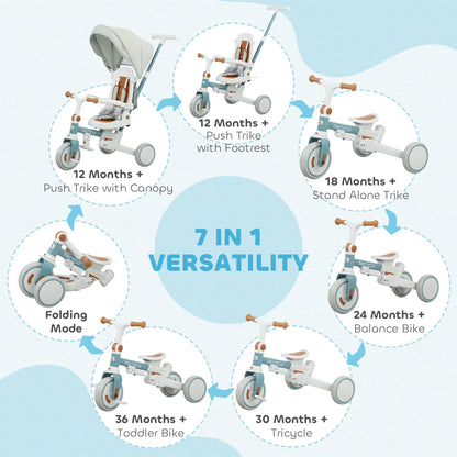 7 in 1 Toddler Tricycle, Adjustable Parent Handle, Canopy, Storage Bag, Brake, Blue Tricycles for Kids at Gallery Canada