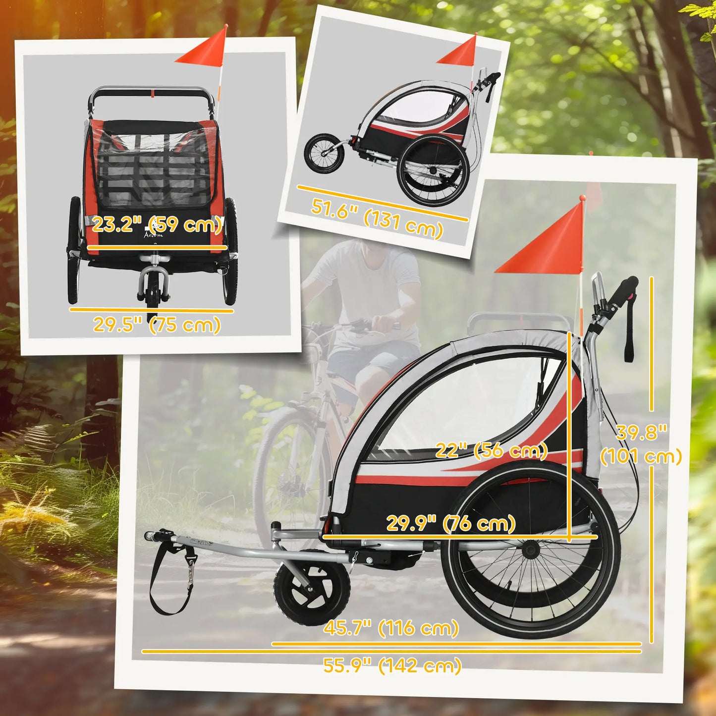 3-In-1 Bike Trailer, Running Stroller, 2 Seats, 5-Point Harness, Storage, Red Kids Bike Trailers at Gallery Canada