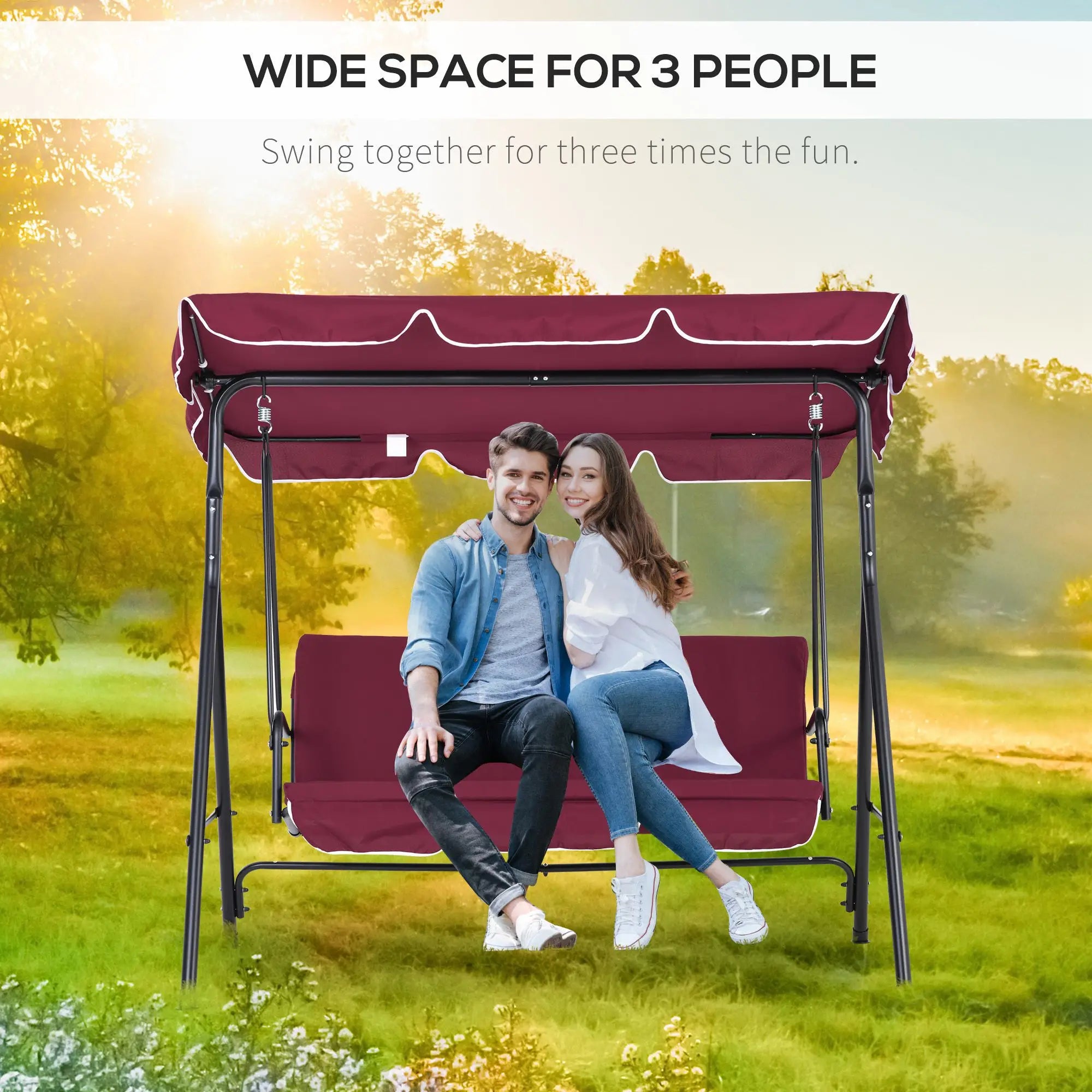 3-Seater Outdoor Porch Swing, Adjustable Canopy, Wine Red Patio Swings with Stand at Gallery Canada