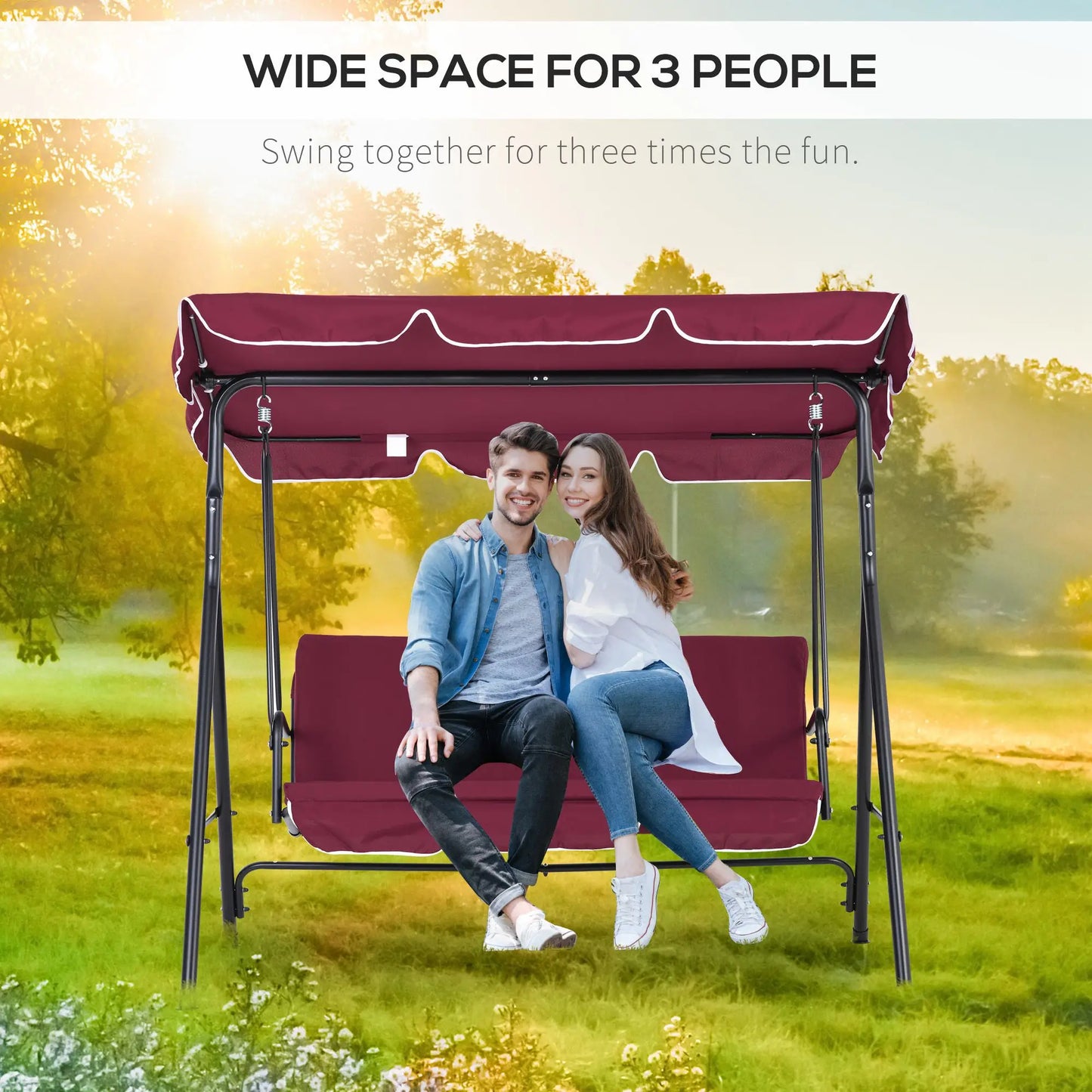3-Seater Outdoor Porch Swing, Adjustable Canopy, Wine Red Patio Swings with Stand at Gallery Canada